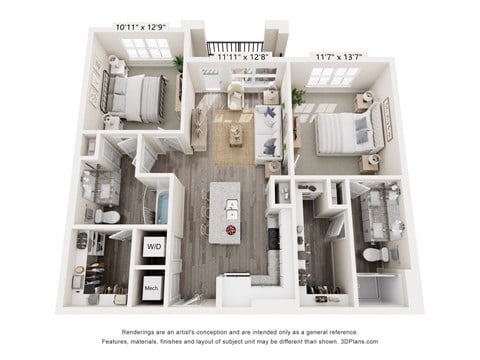 Floor plan for 2 beds, 2 baths, 1055 sqft
